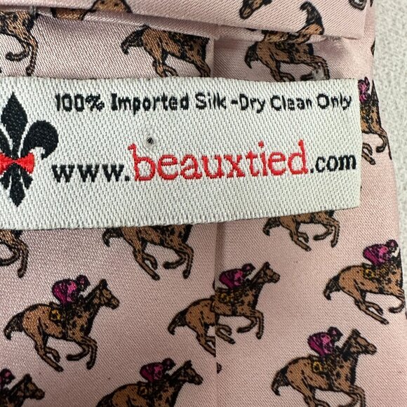 Beauxtied Pink Silk Horse Pattern Tie 100% Handmade Imported Silk - Picture 5 of 5